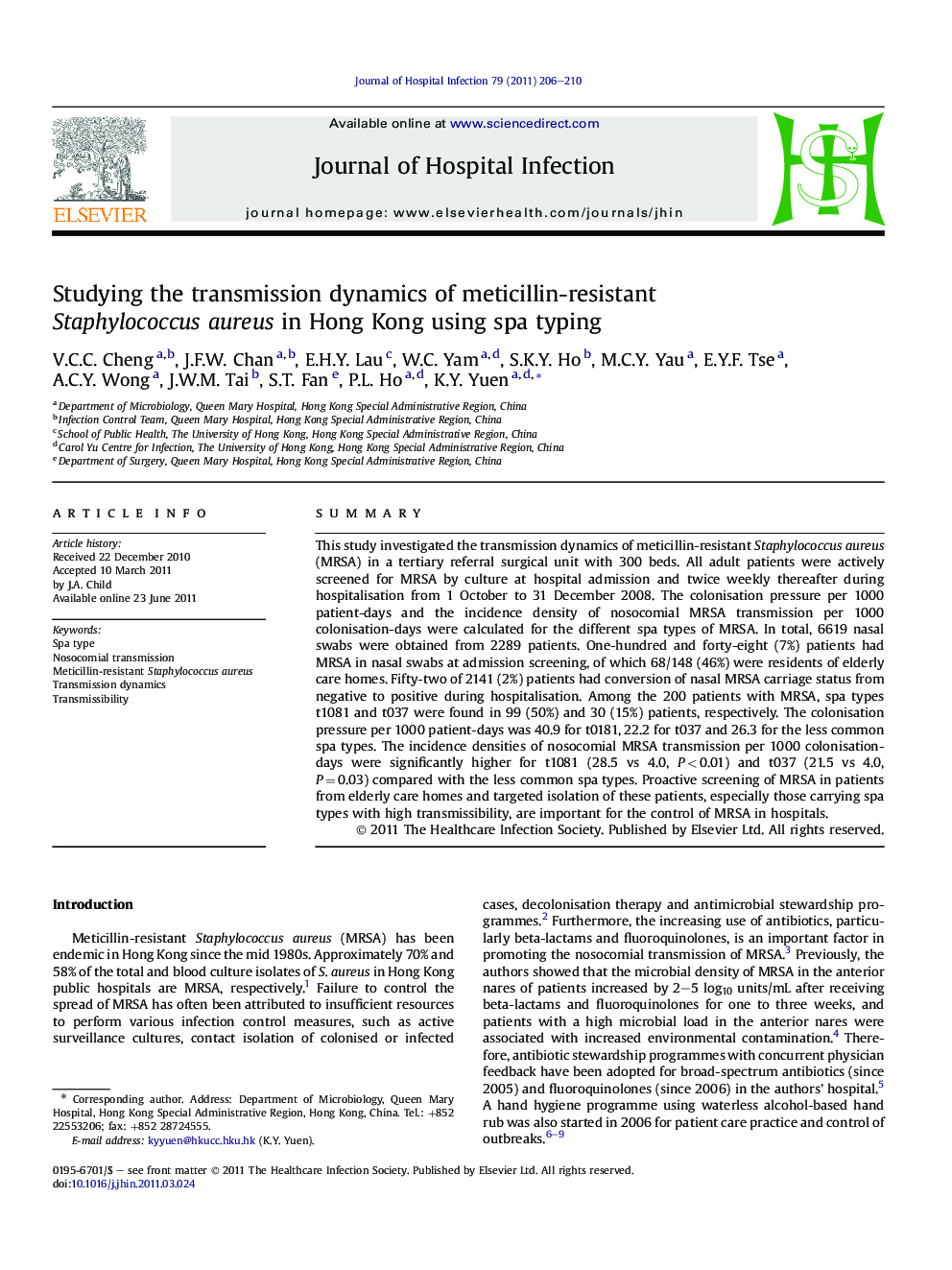 Studying the transmission dynamics of meticillin-resistant Staphylococcus aureus in Hong Kong using spa typing