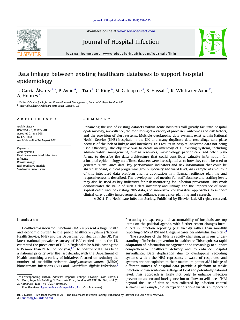 Data linkage between existing healthcare databases to support hospital epidemiology