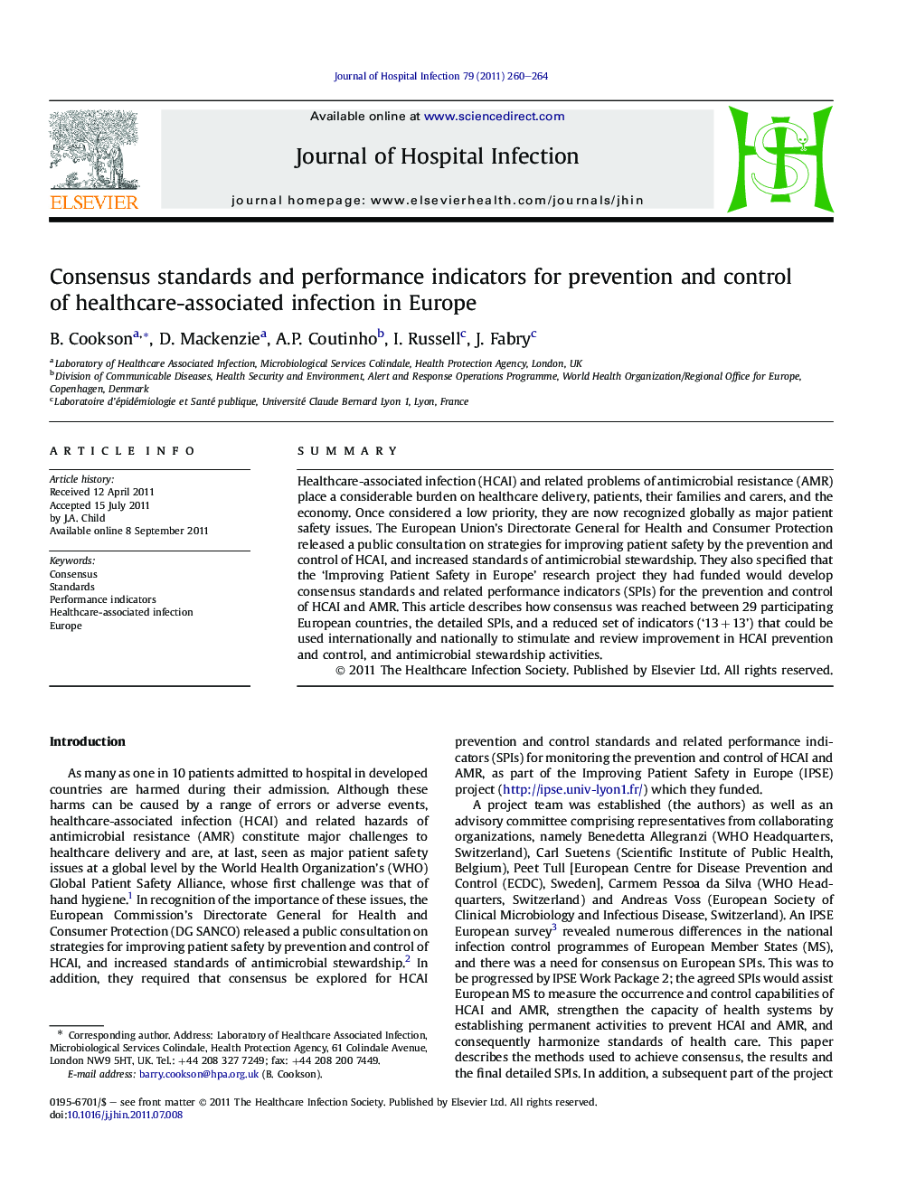 Consensus standards and performance indicators for prevention and control of healthcare-associated infection in Europe