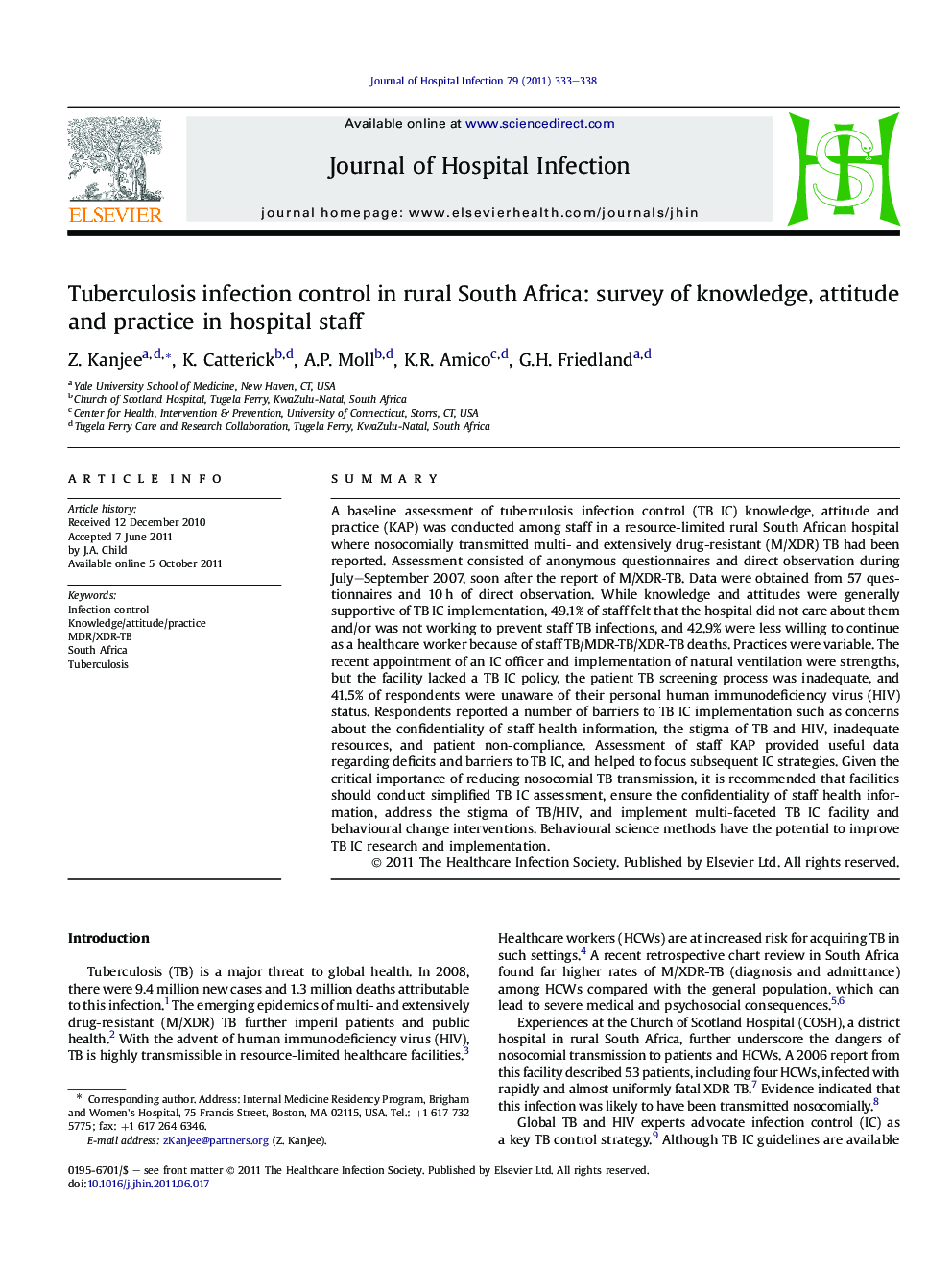 Tuberculosis infection control in rural South Africa: survey of knowledge, attitude and practice in hospital staff