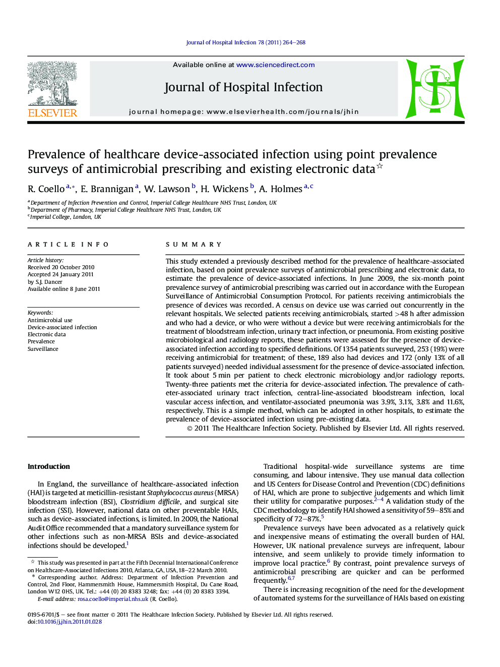 Prevalence of healthcare device-associated infection using point prevalence surveys of antimicrobial prescribing and existing electronic data 