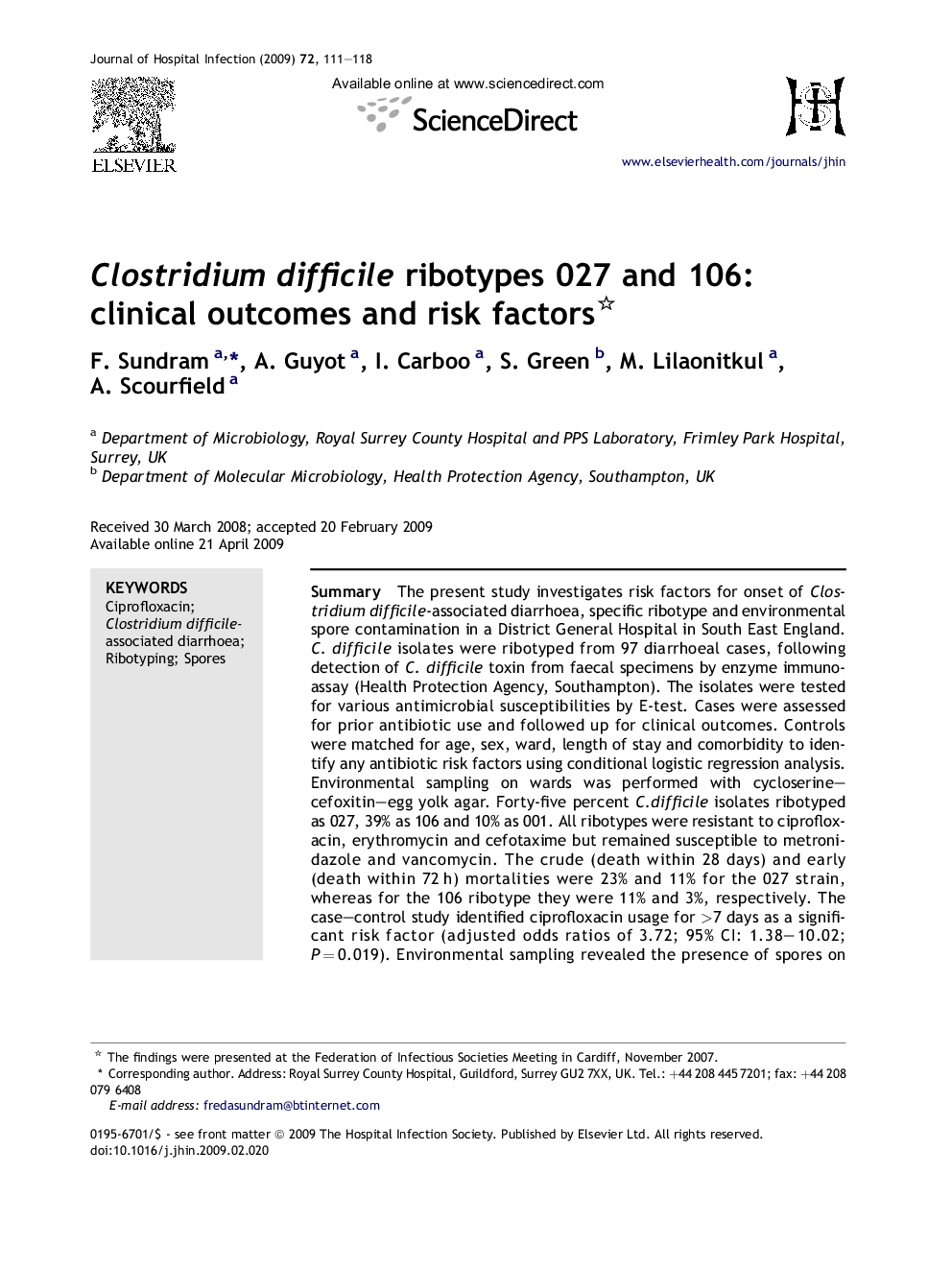 Clostridium difficile ribotypes 027 and 106: clinical outcomes and risk factors 