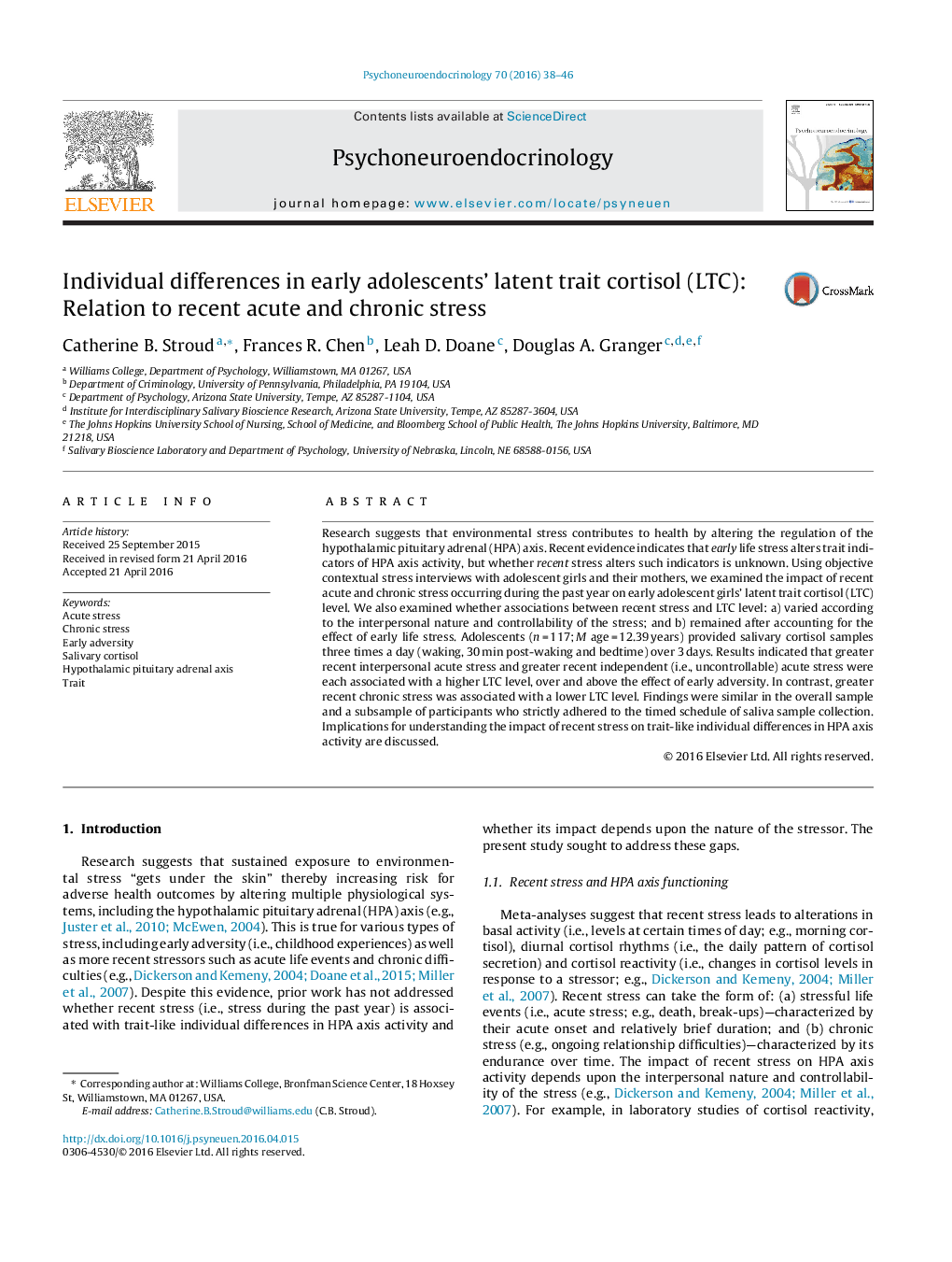 Individual differences in early adolescents’ latent trait cortisol (LTC): Relation to recent acute and chronic stress