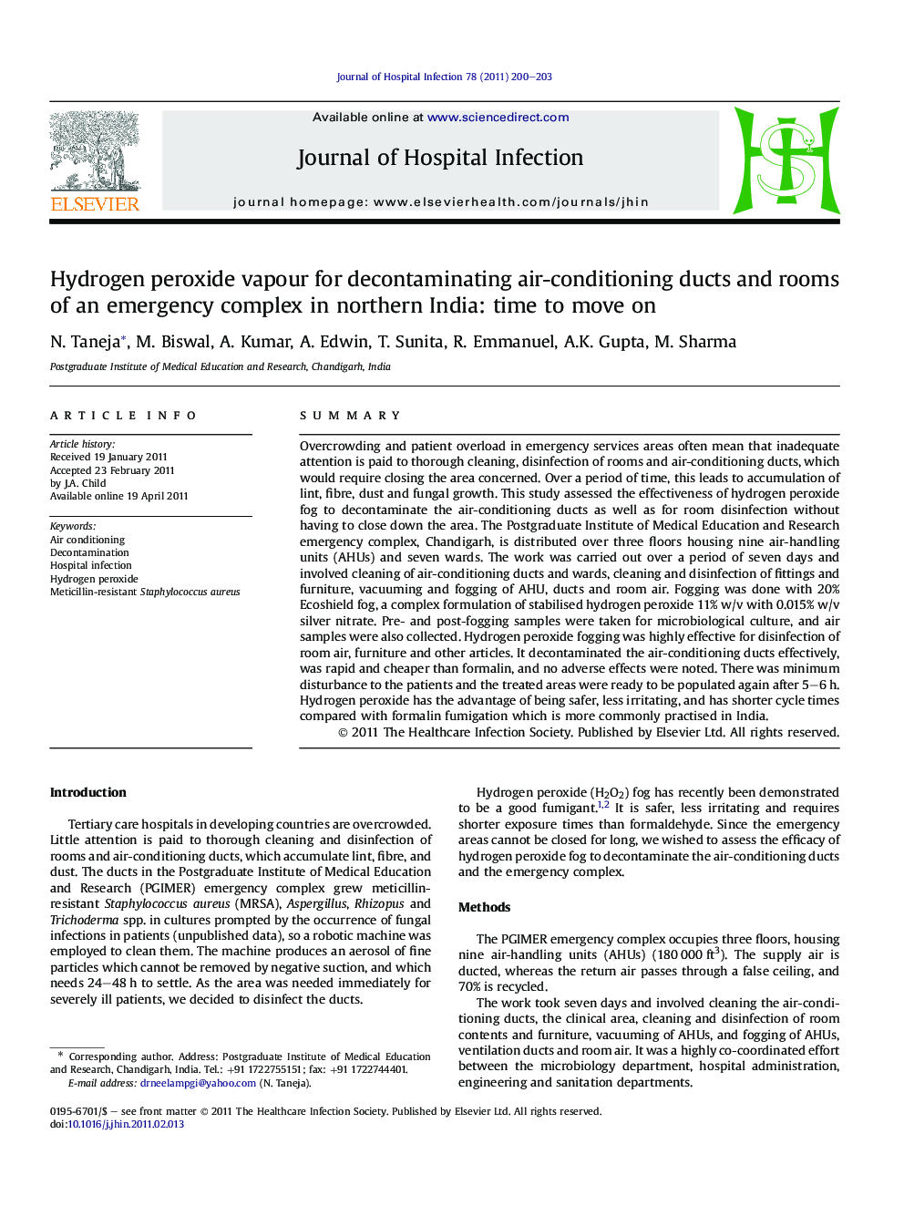 Hydrogen peroxide vapour for decontaminating air-conditioning ducts and rooms of an emergency complex in northern India: time to move on