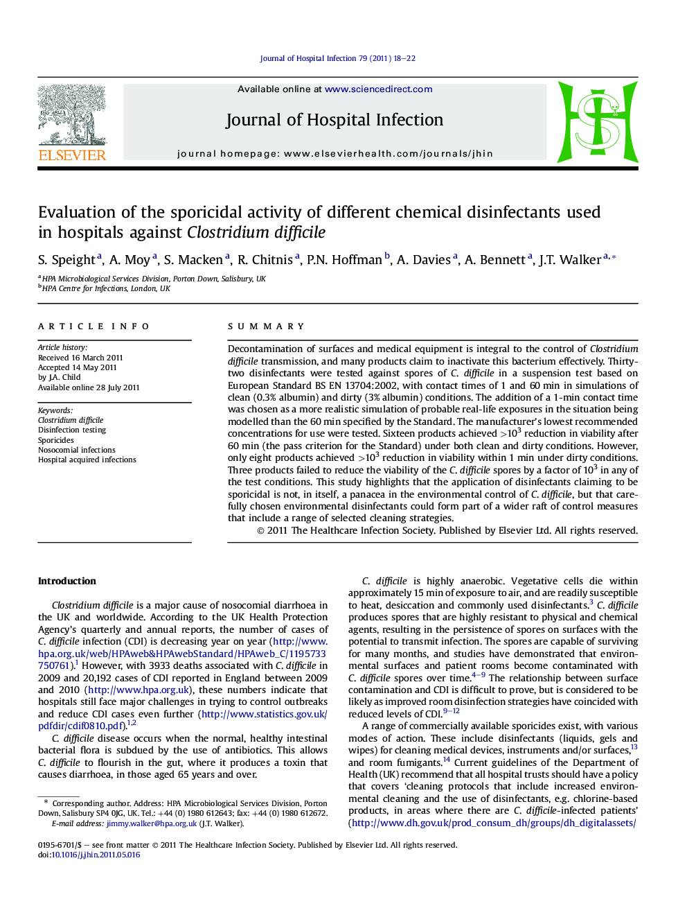 Evaluation of the sporicidal activity of different chemical disinfectants used in hospitals against Clostridium difficile