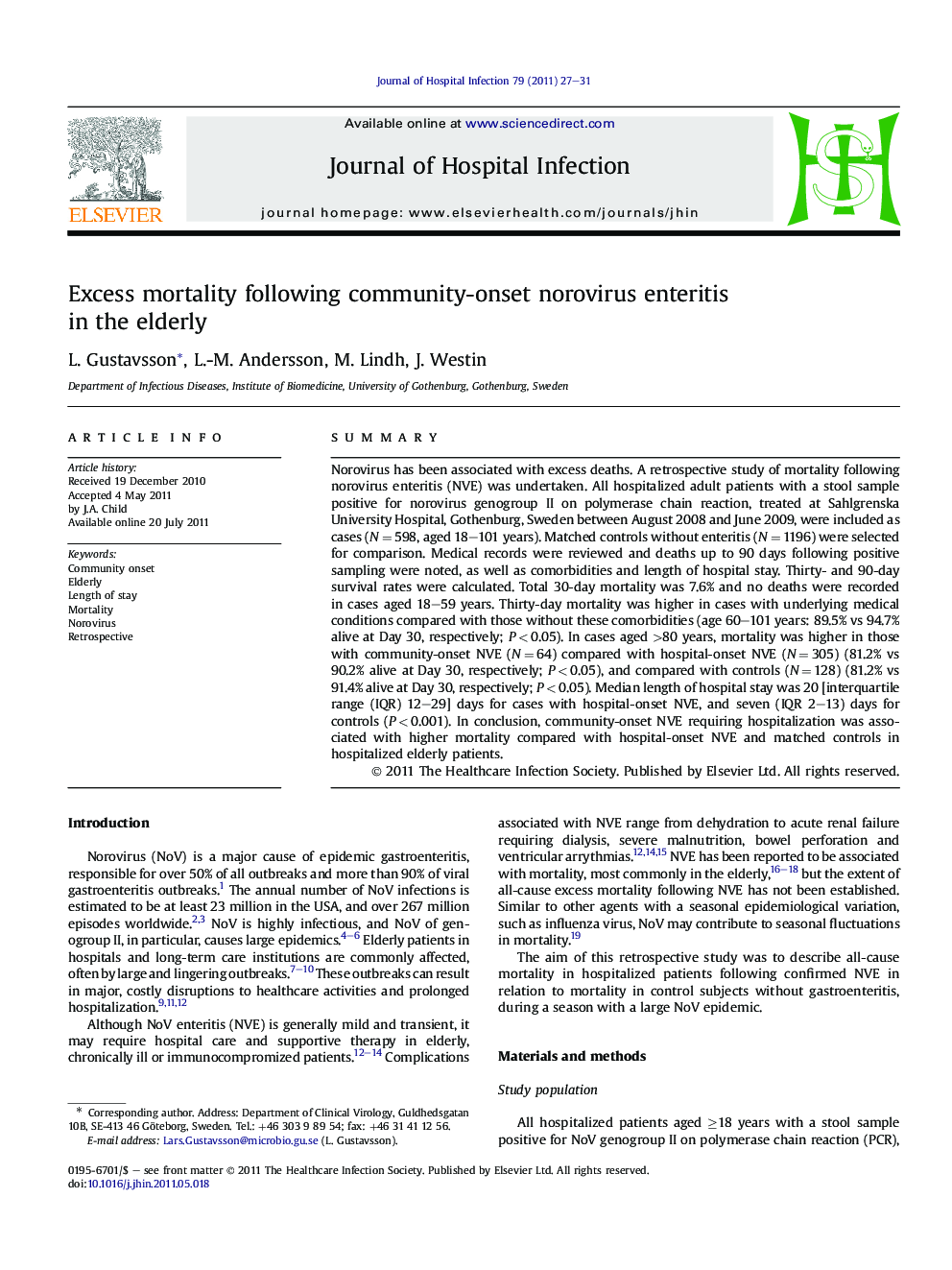 Excess mortality following community-onset norovirus enteritis in the elderly