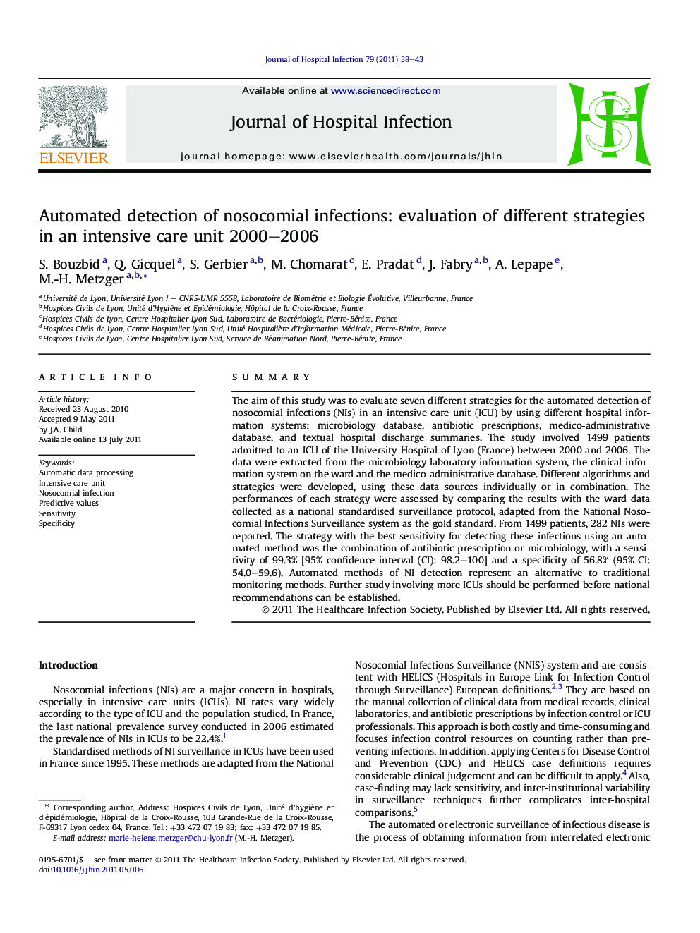 Automated detection of nosocomial infections: evaluation of different strategies in an intensive care unit 2000–2006