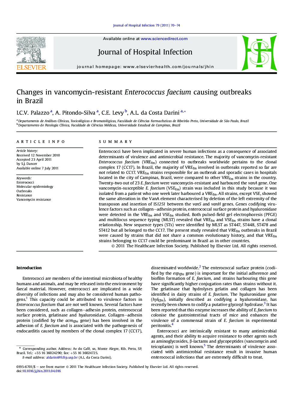 Changes in vancomycin-resistant Enterococcus faecium causing outbreaks in Brazil