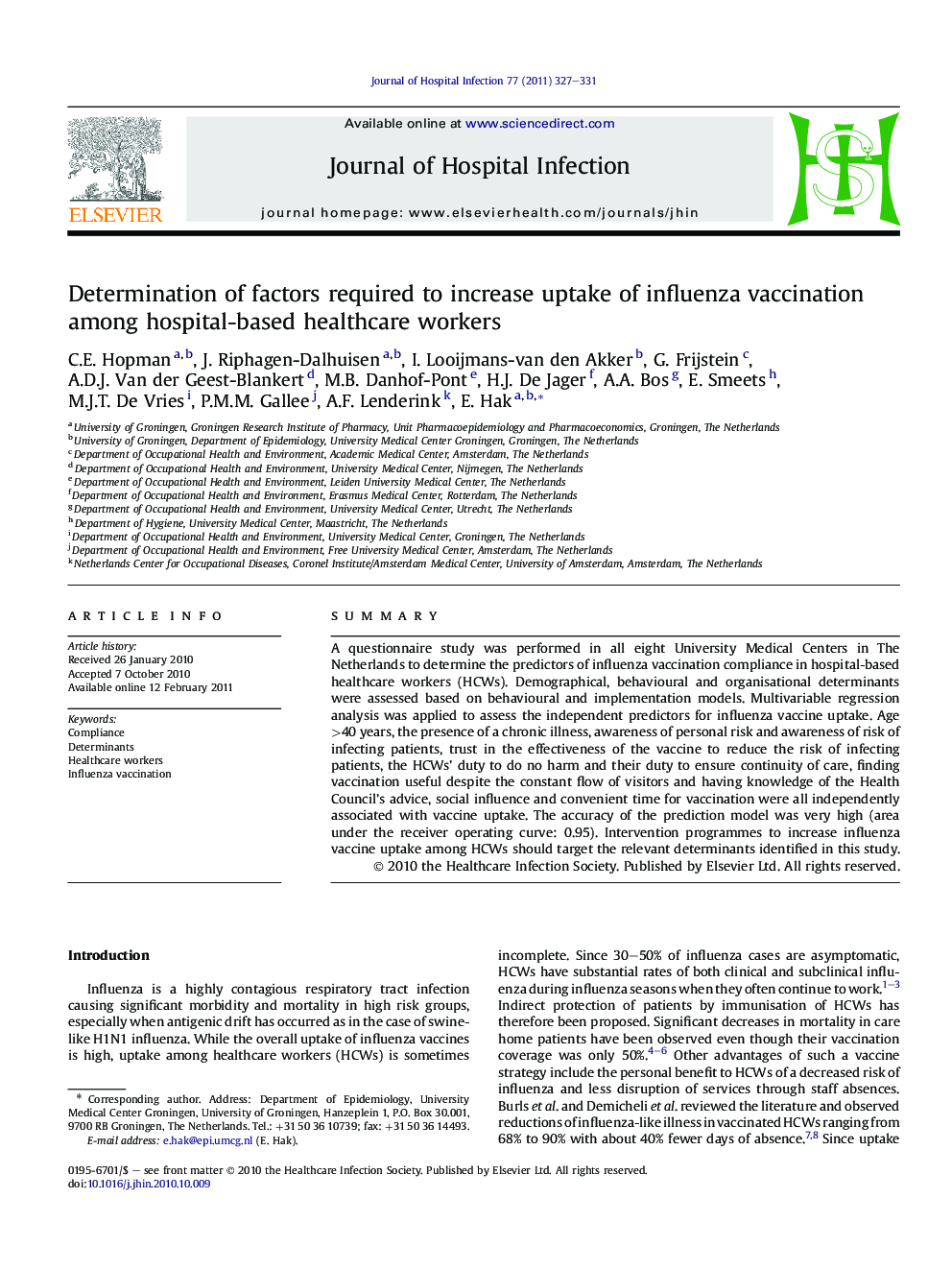Determination of factors required to increase uptake of influenza vaccination among hospital-based healthcare workers