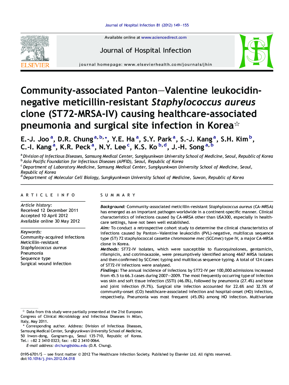 Community-associated Panton–Valentine leukocidin-negative meticillin-resistant Staphylococcus aureus clone (ST72-MRSA-IV) causing healthcare-associated pneumonia and surgical site infection in Korea 