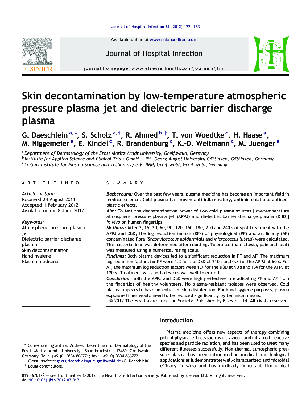 Skin decontamination by low-temperature atmospheric pressure plasma jet and dielectric barrier discharge plasma
