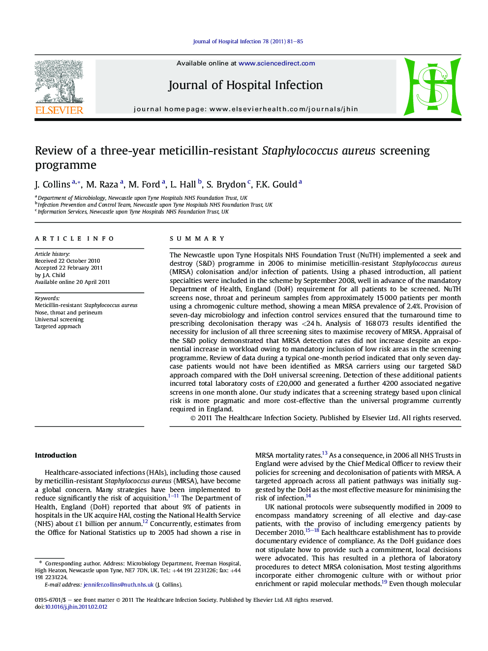 Review of a three-year meticillin-resistant Staphylococcus aureus screening programme