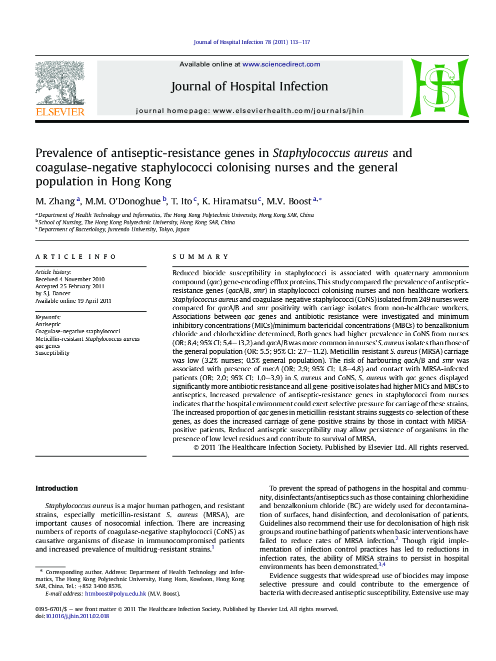 Prevalence of antiseptic-resistance genes in Staphylococcus aureus and coagulase-negative staphylococci colonising nurses and the general population in Hong Kong