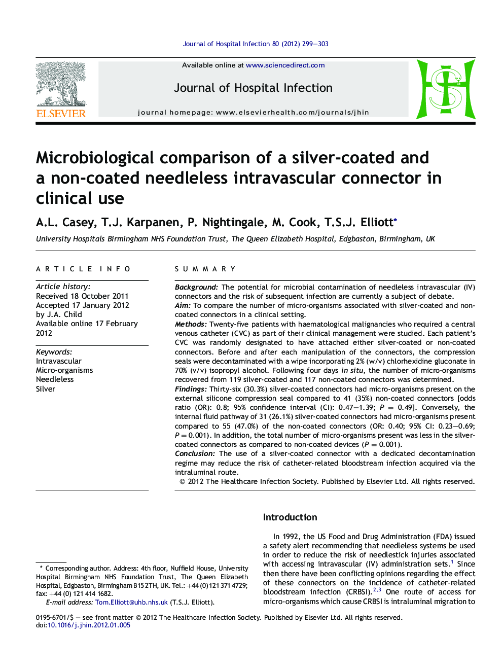 Microbiological comparison of a silver-coated and a non-coated needleless intravascular connector in clinical use