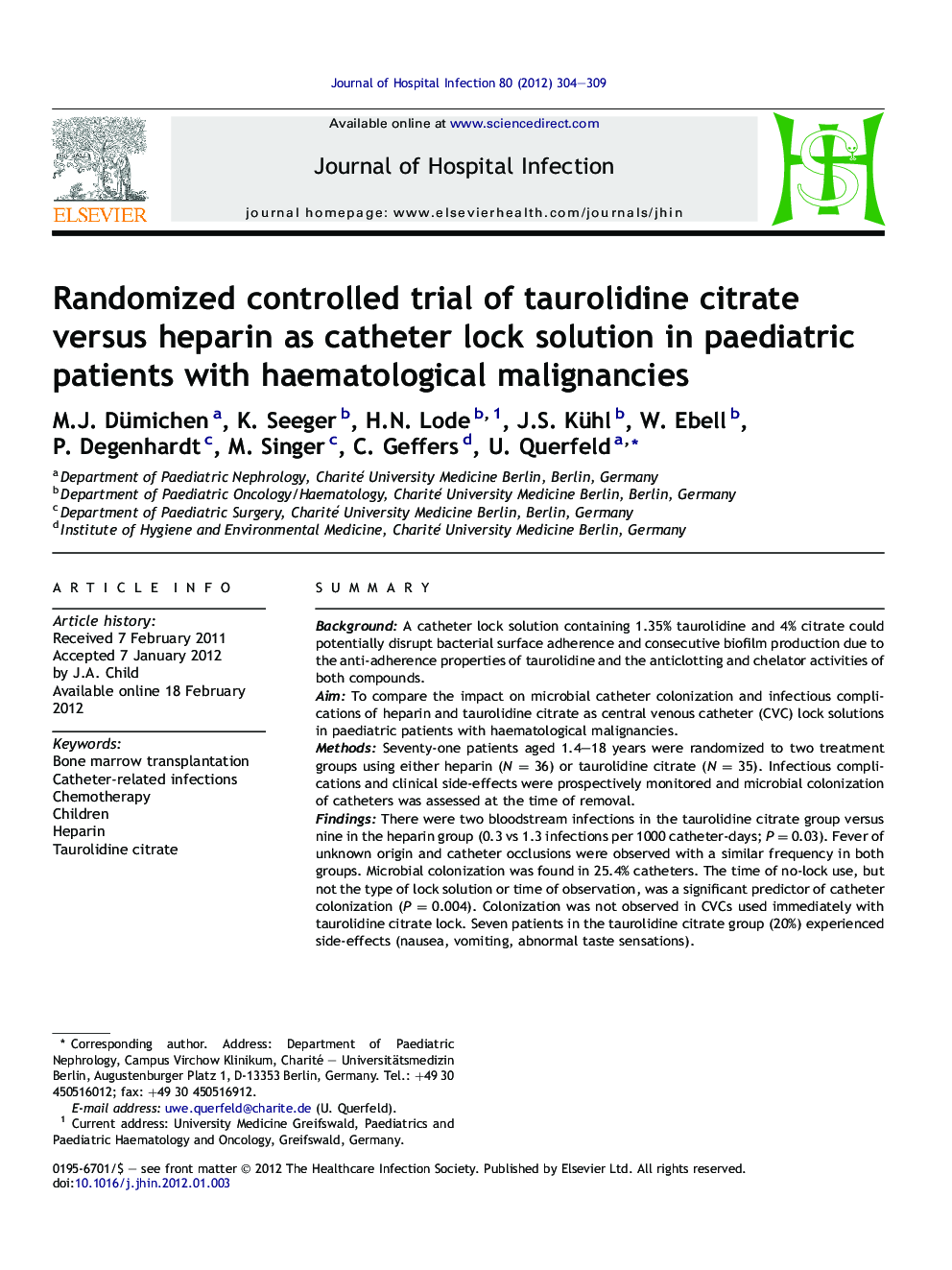 Randomized controlled trial of taurolidine citrate versus heparin as catheter lock solution in paediatric patients with haematological malignancies