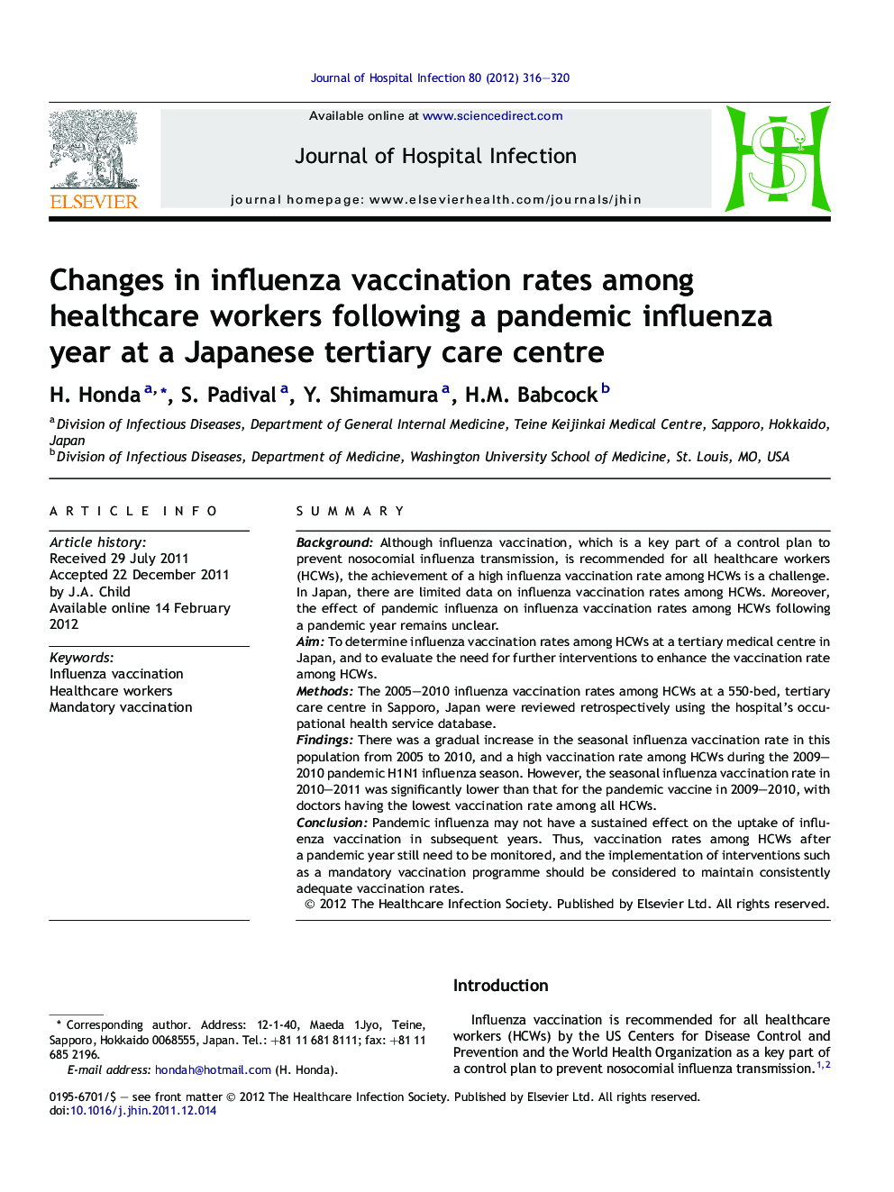 Changes in influenza vaccination rates among healthcare workers following a pandemic influenza year at a Japanese tertiary care centre