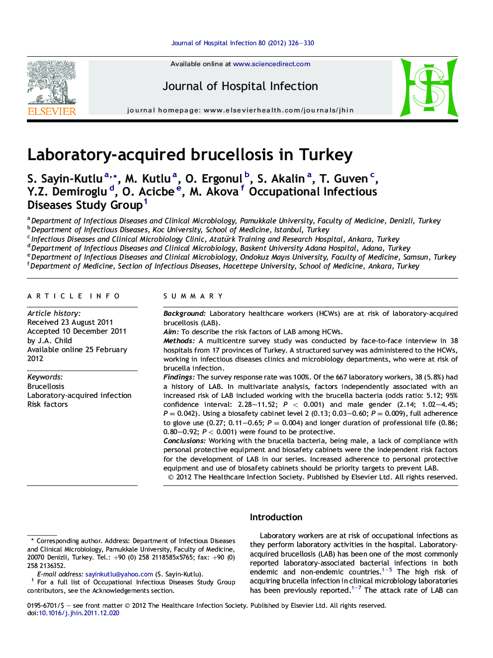 Laboratory-acquired brucellosis in Turkey