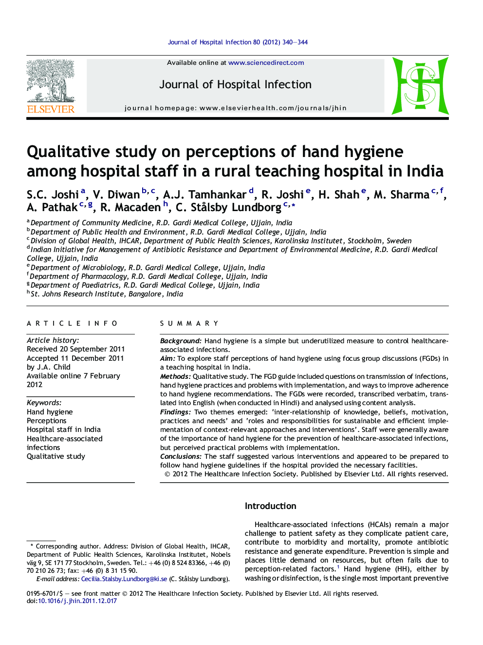 Qualitative study on perceptions of hand hygiene among hospital staff in a rural teaching hospital in India