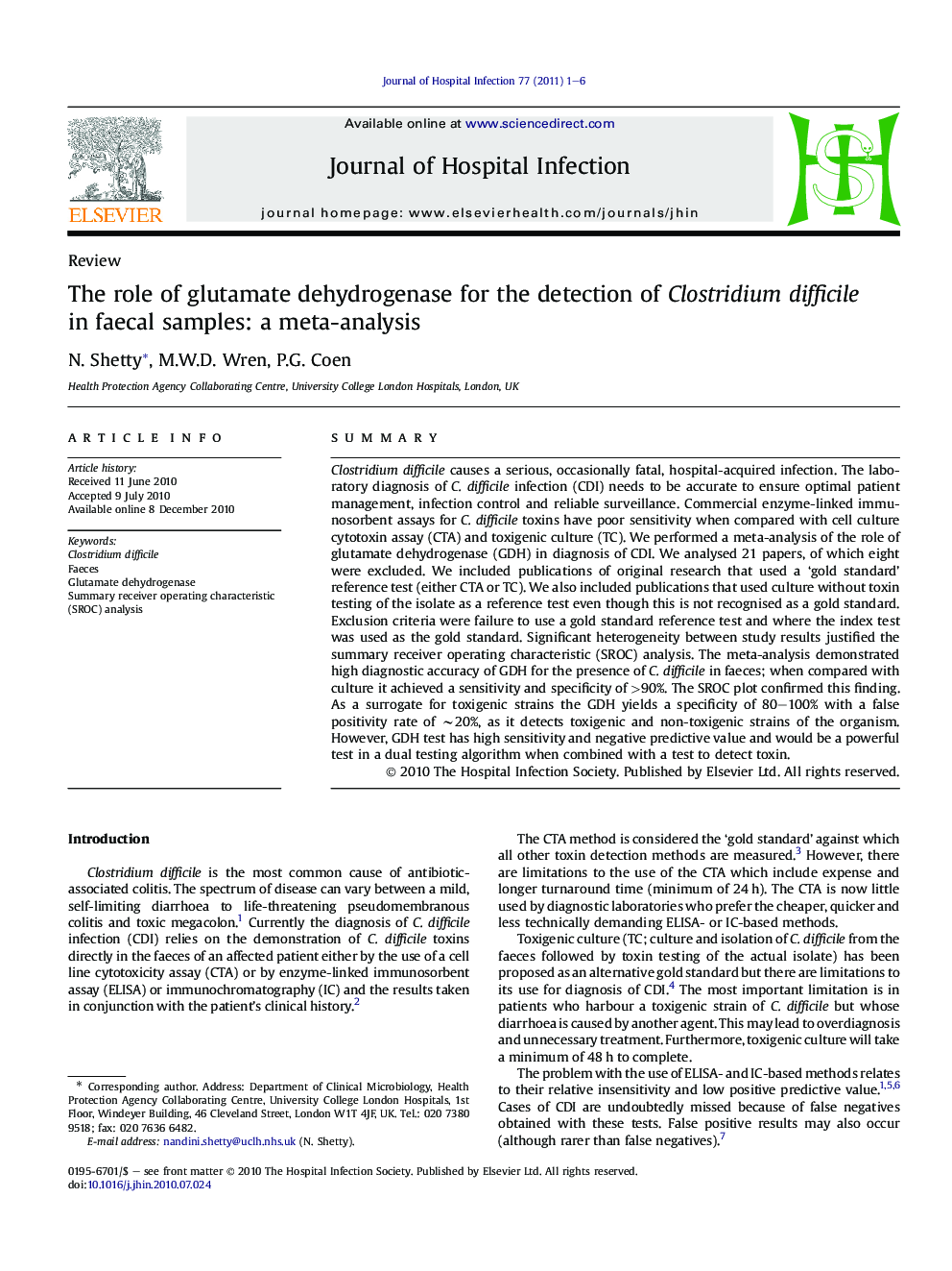 The role of glutamate dehydrogenase for the detection of Clostridium difficile in faecal samples: a meta-analysis