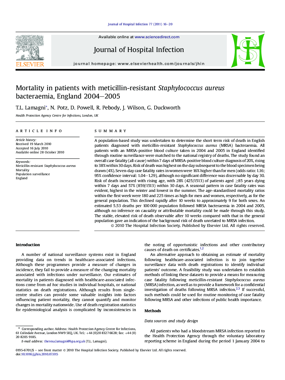 Mortality in patients with meticillin-resistant Staphylococcus aureus bacteraemia, England 2004–2005