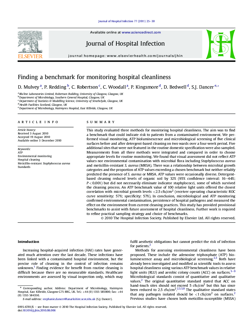 Finding a benchmark for monitoring hospital cleanliness