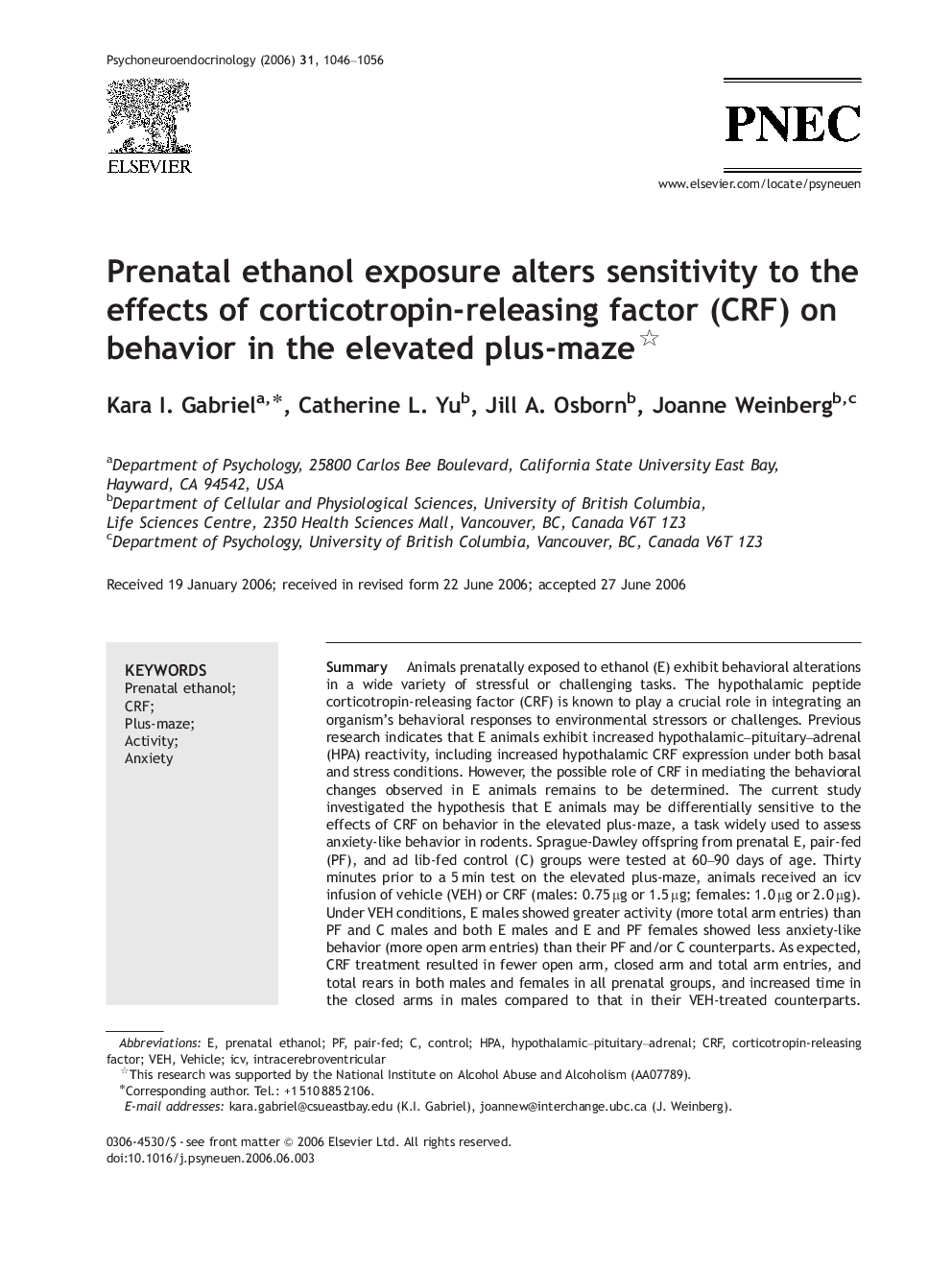 Prenatal ethanol exposure alters sensitivity to the effects of corticotropin-releasing factor (CRF) on behavior in the elevated plus-maze 