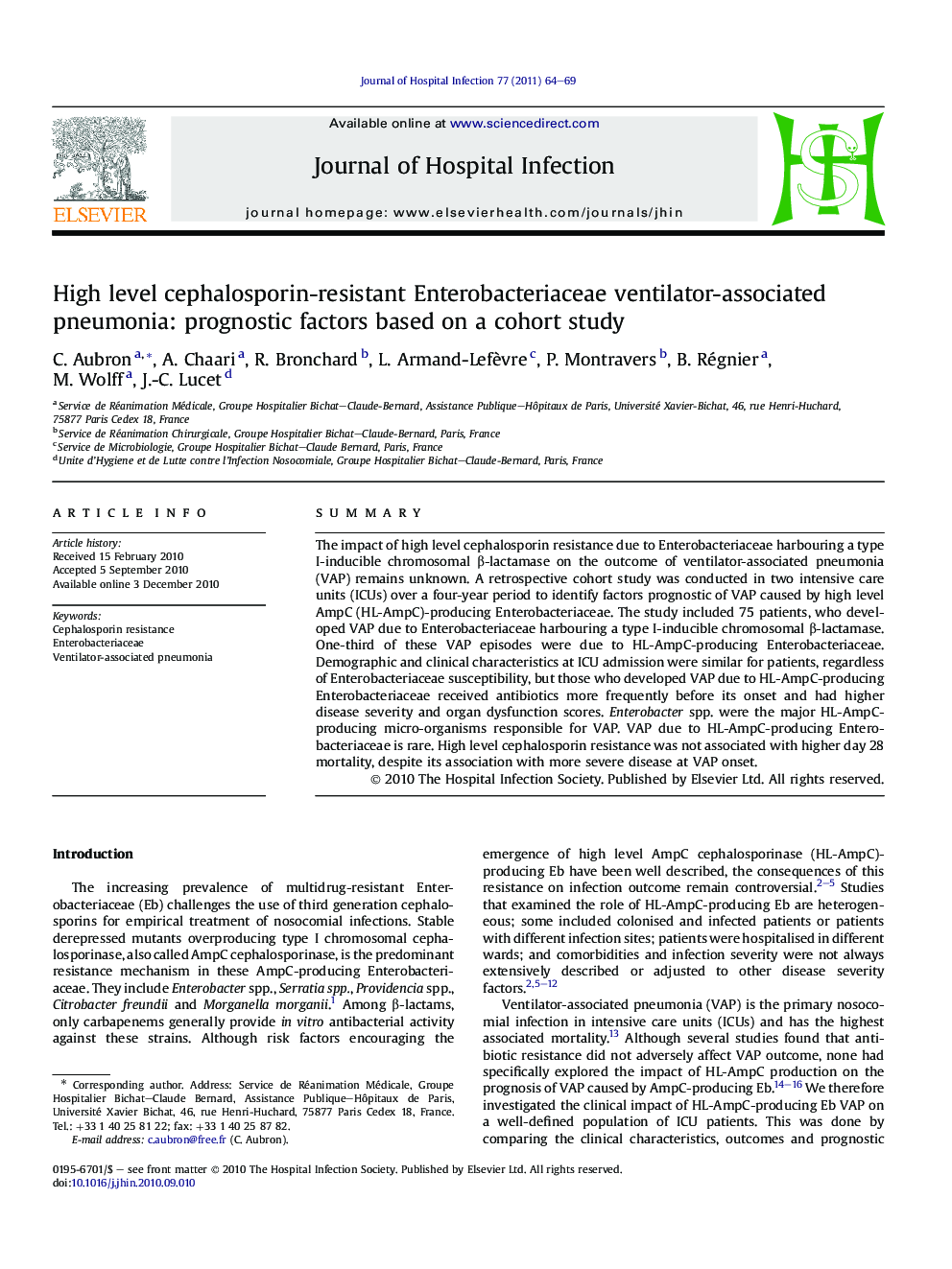 High level cephalosporin-resistant Enterobacteriaceae ventilator-associated pneumonia: prognostic factors based on a cohort study