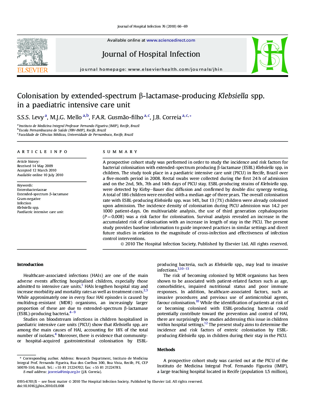 Colonisation by extended-spectrum Î²-lactamase-producing Klebsiella spp. in a paediatric intensive care unit