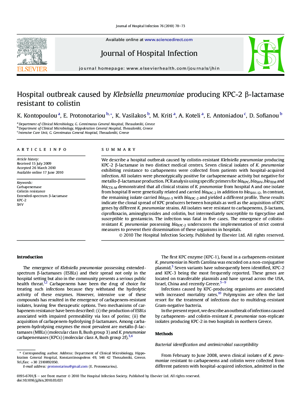 Hospital outbreak caused by Klebsiella pneumoniae producing KPC-2 β-lactamase resistant to colistin