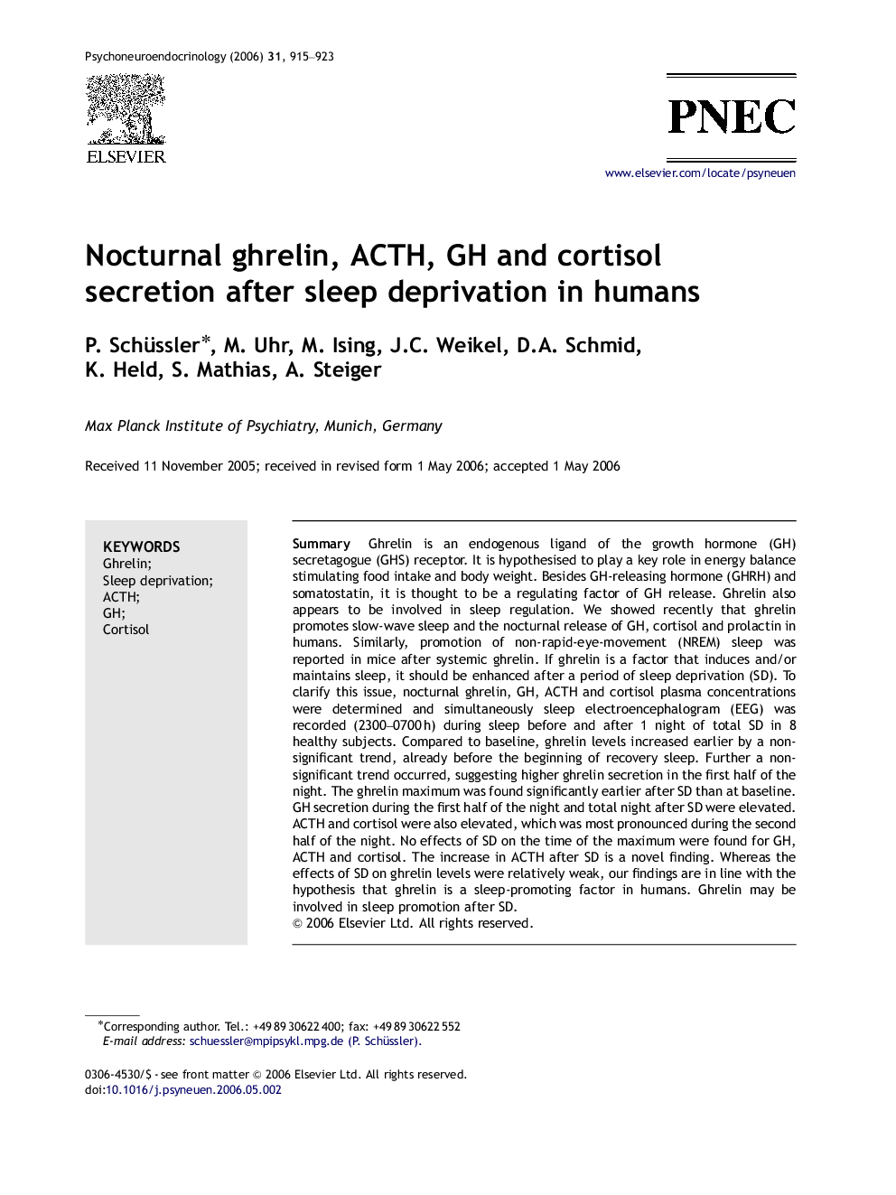 Nocturnal ghrelin, ACTH, GH and cortisol secretion after sleep deprivation in humans
