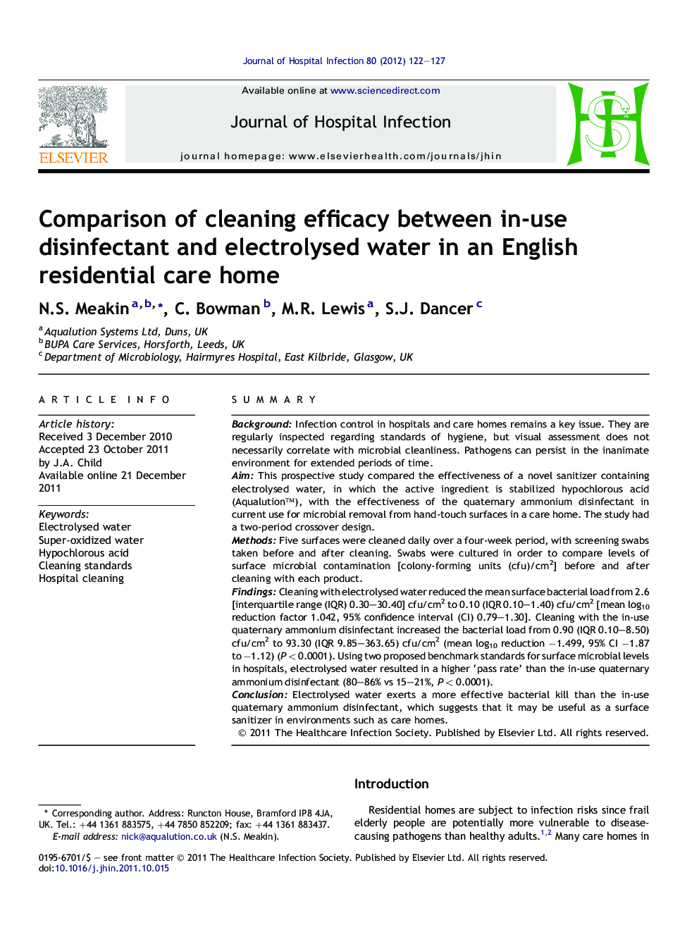 Comparison of cleaning efficacy between in-use disinfectant and electrolysed water in an English residential care home