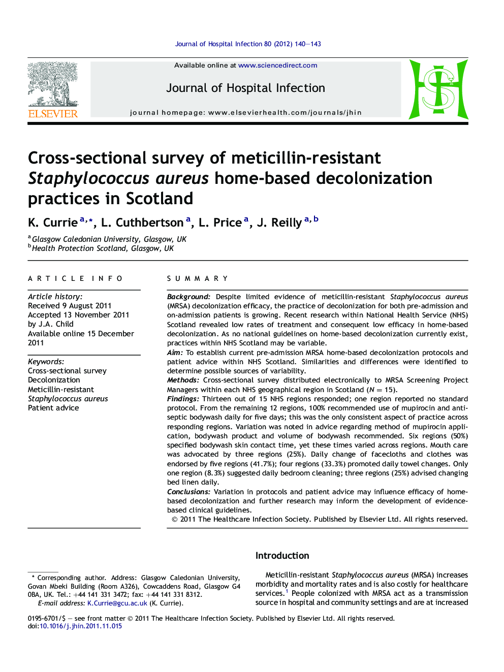 Cross-sectional survey of meticillin-resistant Staphylococcus aureus home-based decolonization practices in Scotland