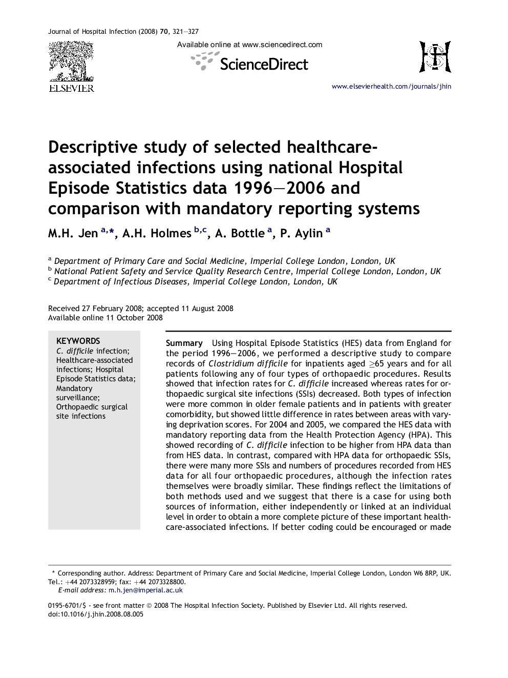 Descriptive study of selected healthcare-associated infections using national Hospital Episode Statistics data 1996–2006 and comparison with mandatory reporting systems