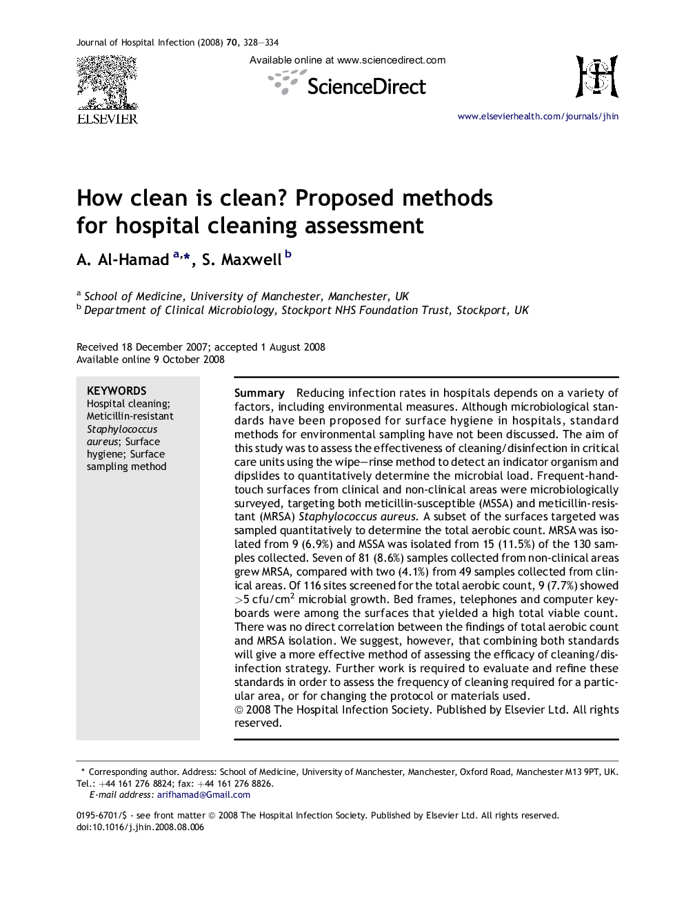 How clean is clean? Proposed methods for hospital cleaning assessment