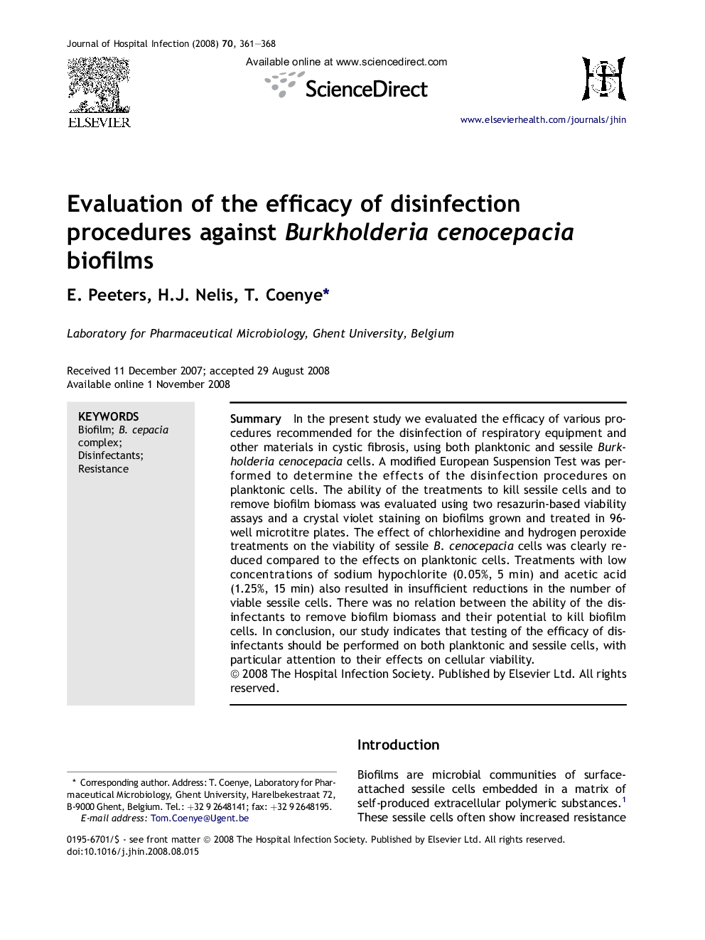 Evaluation of the efficacy of disinfection procedures against Burkholderia cenocepacia biofilms