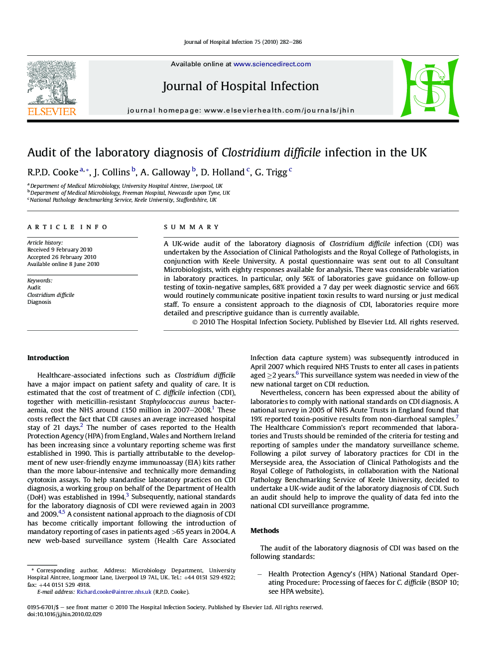 Audit of the laboratory diagnosis of Clostridium difficile infection in the UK