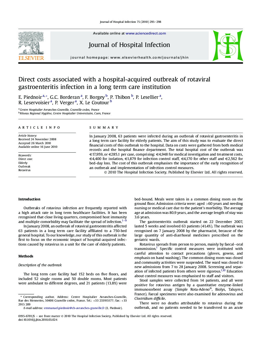 Direct costs associated with a hospital-acquired outbreak of rotaviral gastroenteritis infection in a long term care institution