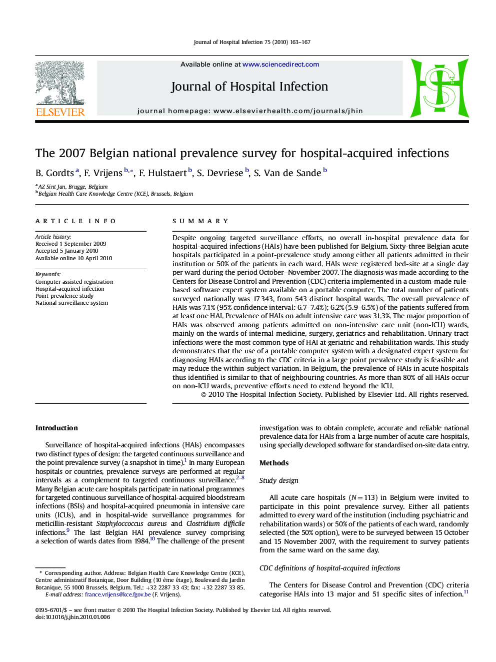 The 2007 Belgian national prevalence survey for hospital-acquired infections