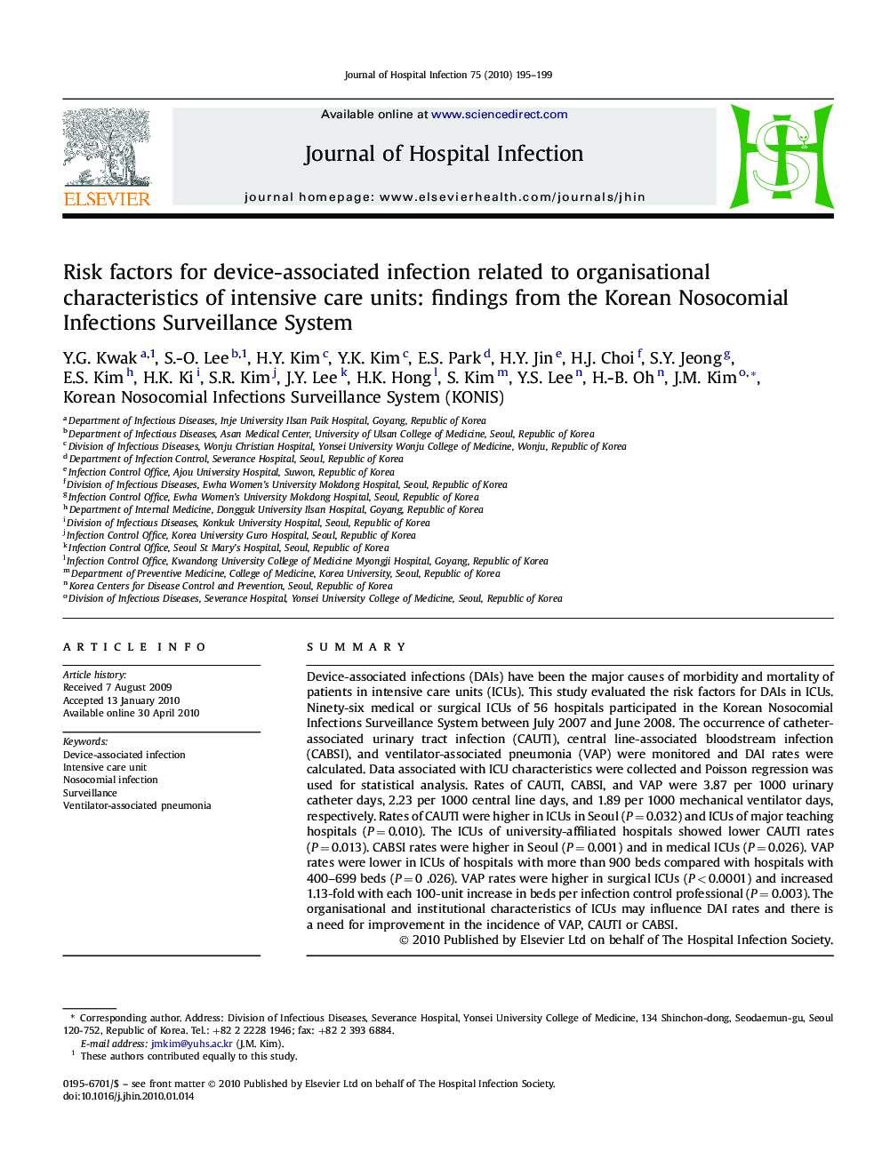 Risk factors for device-associated infection related to organisational characteristics of intensive care units: findings from the Korean Nosocomial Infections Surveillance System