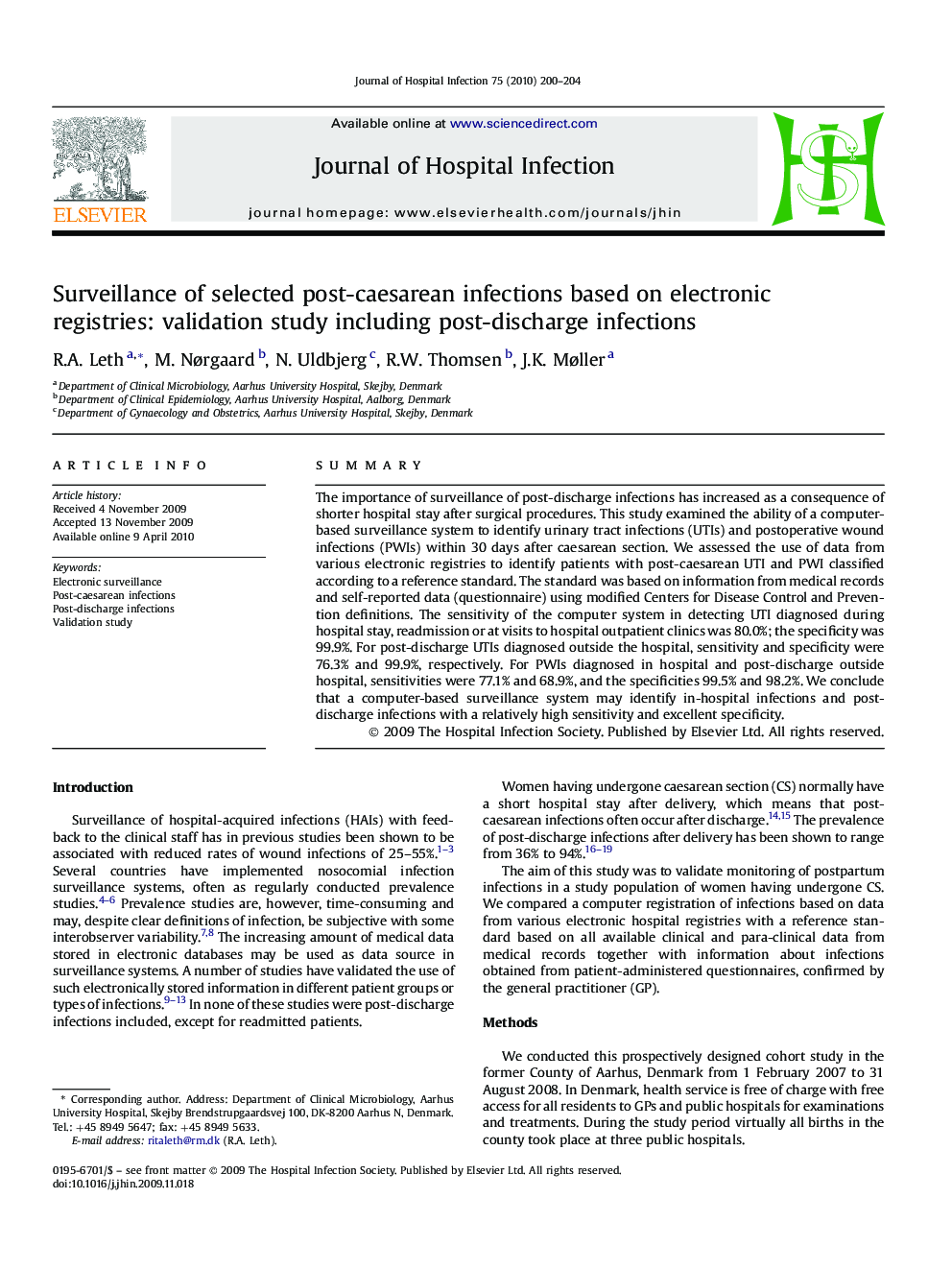 Surveillance of selected post-caesarean infections based on electronic registries: validation study including post-discharge infections