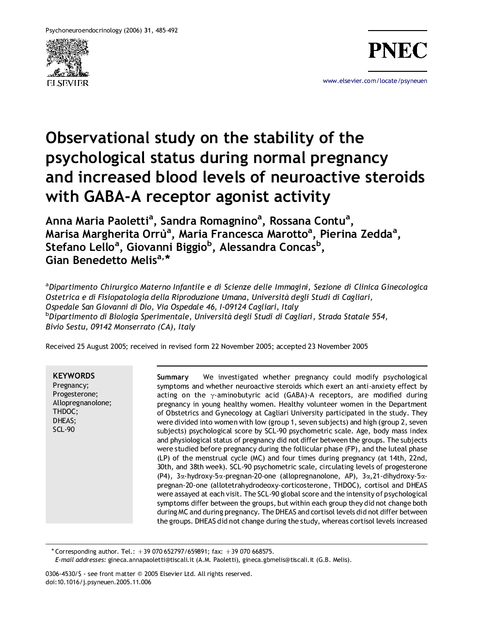 Observational study on the stability of the psychological status during normal pregnancy and increased blood levels of neuroactive steroids with GABA-A receptor agonist activity