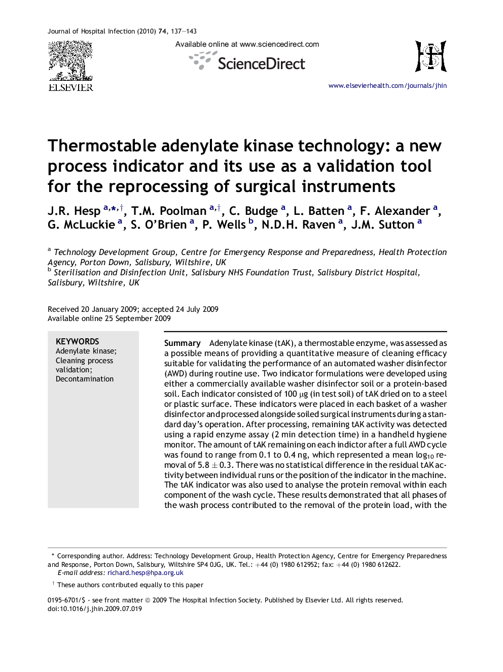 Thermostable adenylate kinase technology: a new process indicator and its use as a validation tool for the reprocessing of surgical instruments