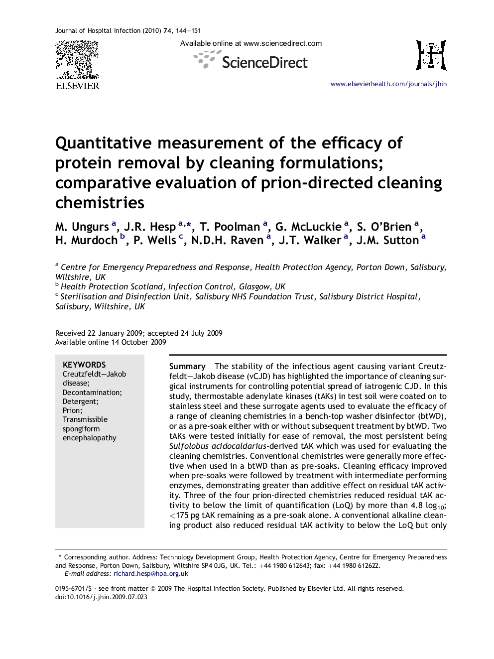 Quantitative measurement of the efficacy of protein removal by cleaning formulations; comparative evaluation of prion-directed cleaning chemistries