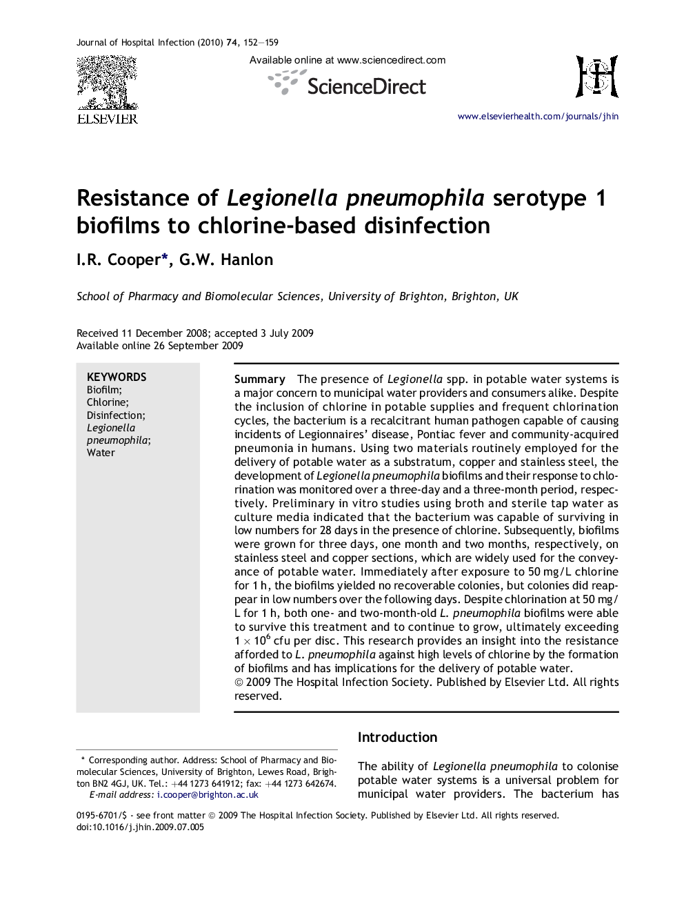 Resistance of Legionella pneumophila serotype 1 biofilms to chlorine-based disinfection