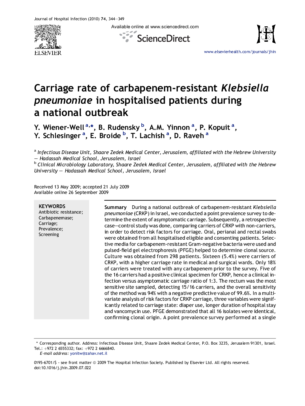 Carriage rate of carbapenem-resistant Klebsiella pneumoniae in hospitalised patients during a national outbreak