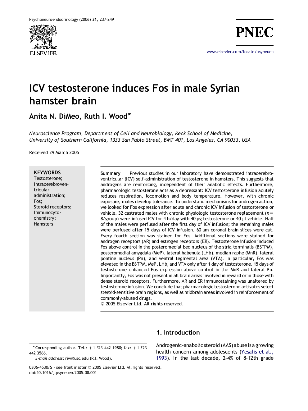 ICV testosterone induces Fos in male Syrian hamster brain