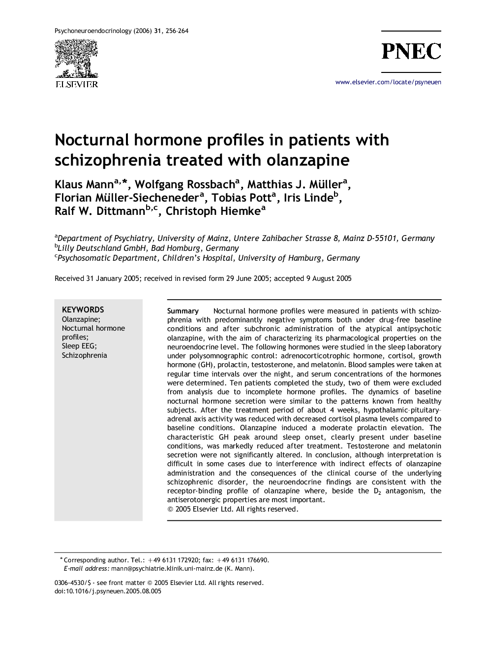 Nocturnal hormone profiles in patients with schizophrenia treated with olanzapine