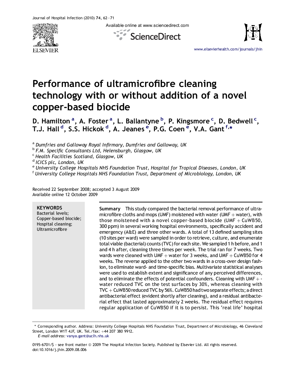 Performance of ultramicrofibre cleaning technology with or without addition of a novel copper-based biocide