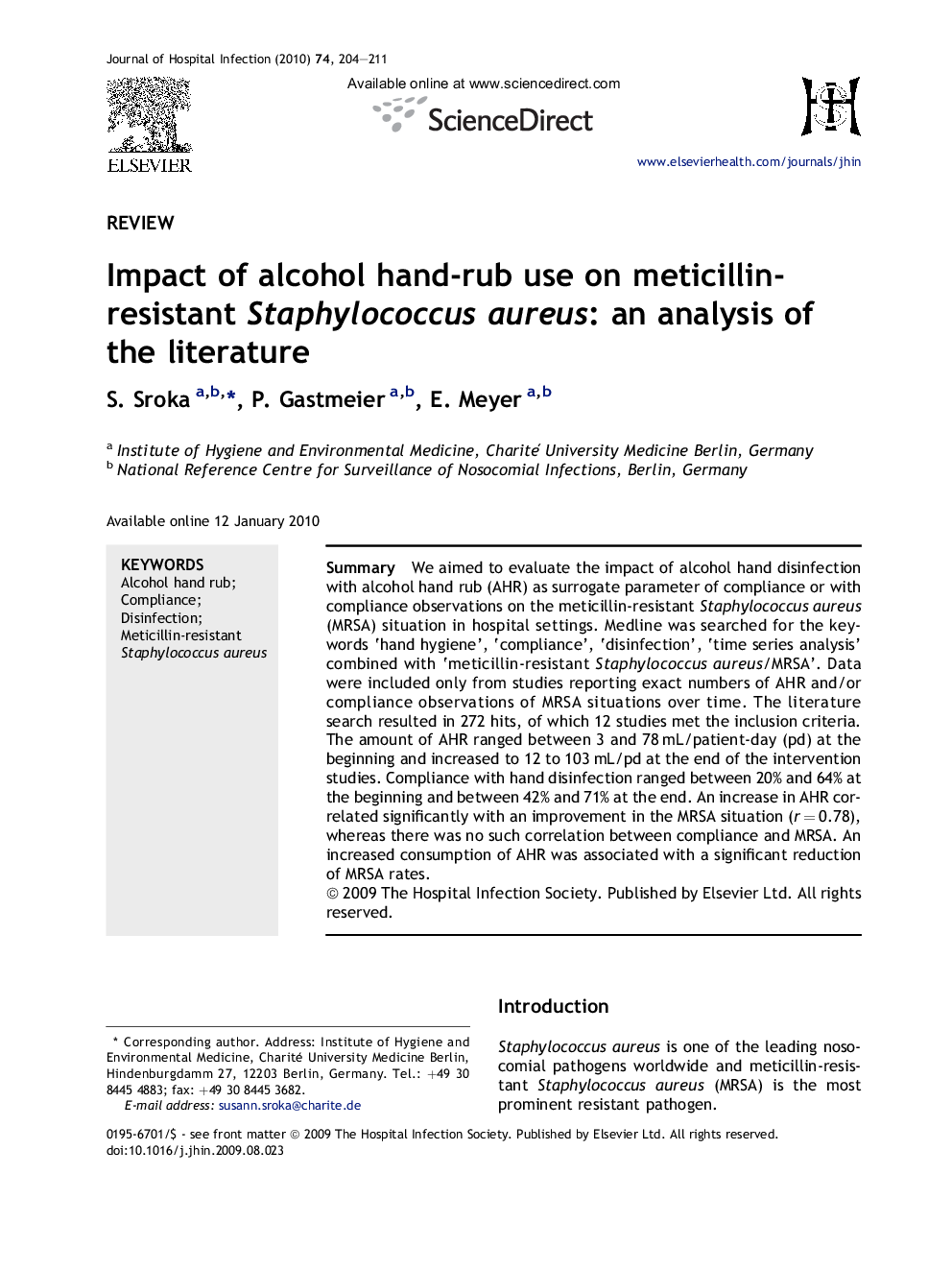 Impact of alcohol hand-rub use on meticillin-resistant Staphylococcus aureus: an analysis of the literature