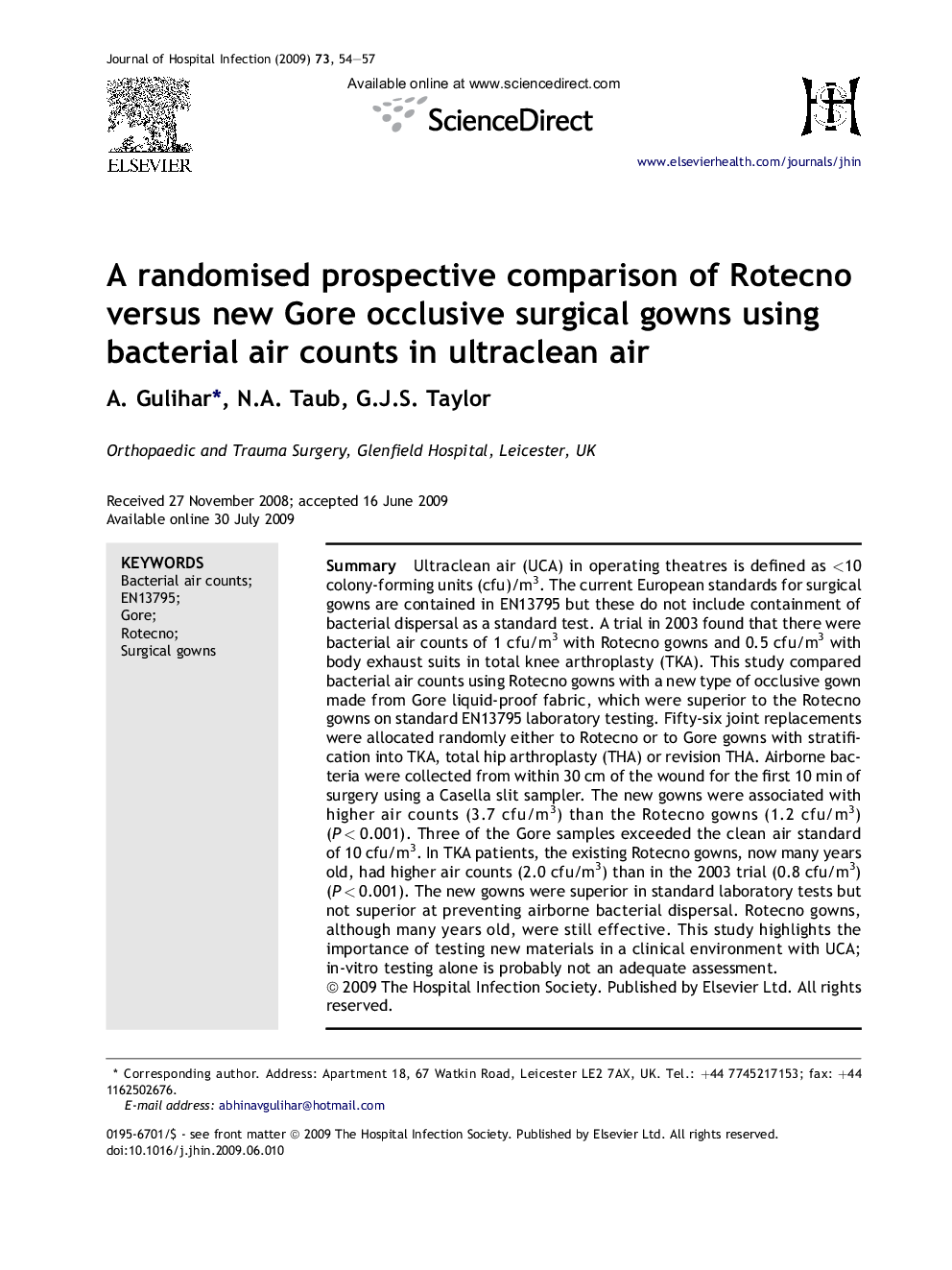 A randomised prospective comparison of Rotecno versus new Gore occlusive surgical gowns using bacterial air counts in ultraclean air